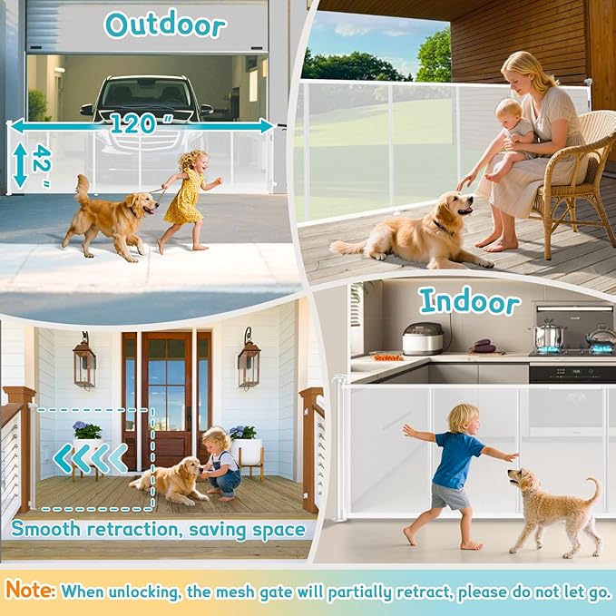 120'' Retractable Baby Gates Extra Wide, 42" Extra Tall Retractable Dog Gate for Doorways,10 Foot Safety Upgrade Extra Long White Retractable Baby Gate for Stairs, Indoor/Outdoor Retractable Gate