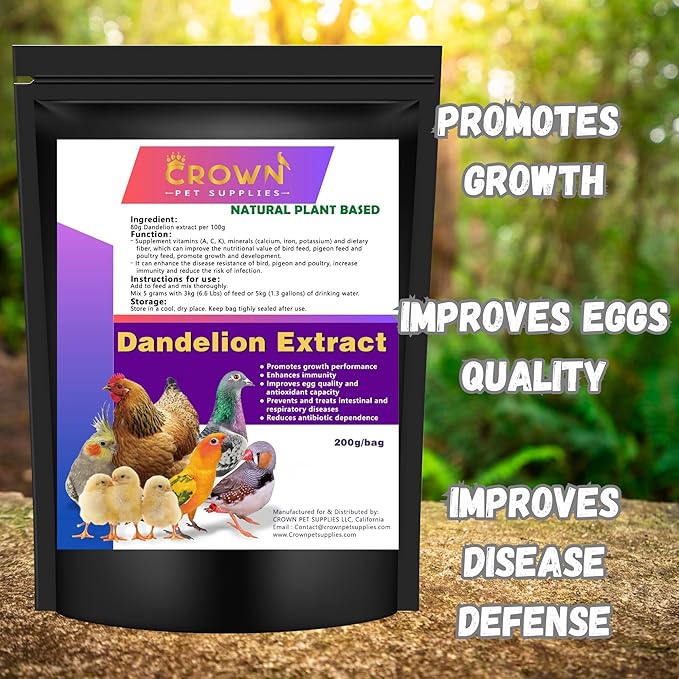 Dandelion Supplement for Birds – All-Natural Herbal - Disease Resistance - Growth Support for Chickens, Pigeons, Poultry & Cage Birds – Sourced from Pure Dandelion Plant