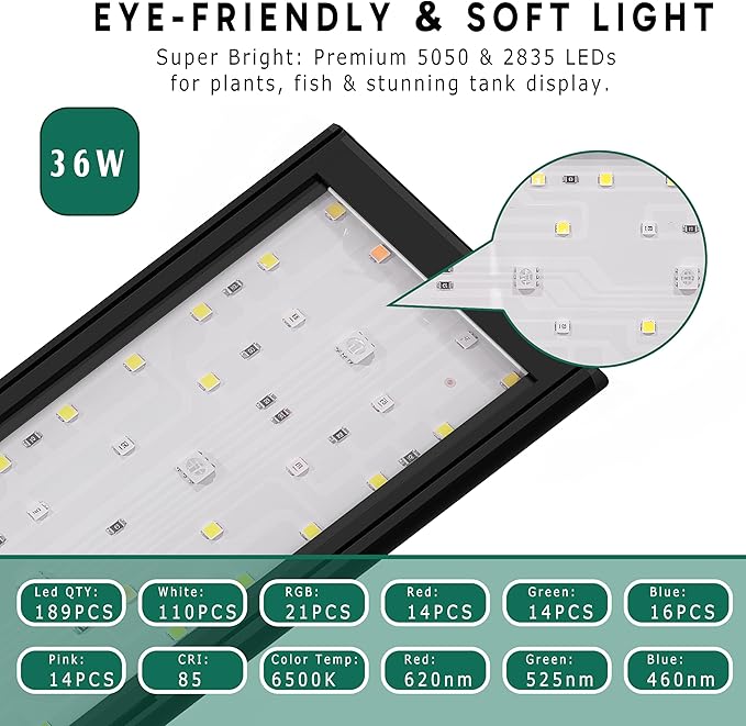 24/7 LED Aquarium Light for 46-56 Inch Plant & Fish Tank, 12-Color & Gradient & Full Spectrum with Auto On/Off, Brightness, Sunrise-Daylight-Moonlight, Extendable Brackets for Freshwater IP68