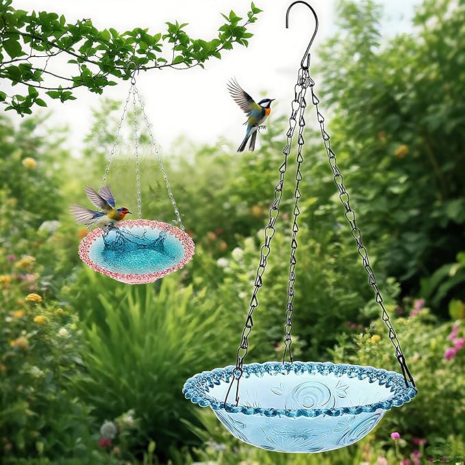 Hanging Bird Baths & Feeders for Outdoors, Bird Water Bowl and Seed Trays Set Feeders for Outside, Garden, Patio Lawn Yard Decor Blue & Pink (2)