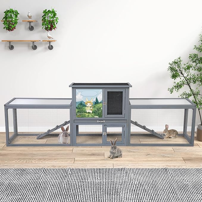 COZIWOW Large Wood Rabbit Hutch Outdoor Indoor, 94.5" L 2-Level Bunny Cage for 2 or More Small Animals, Wooden Pet House with Removable Tray & Multiple Entrances (Grey with Pattern)