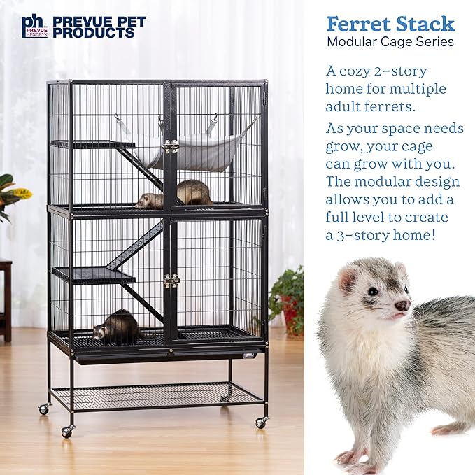 Prevue Pet Products Ferret Stack Two Story Ferret Home with Portable Stand, Escape Proof Lock, Hammock, Ramps, Expandable Add-On Cage Stacking System