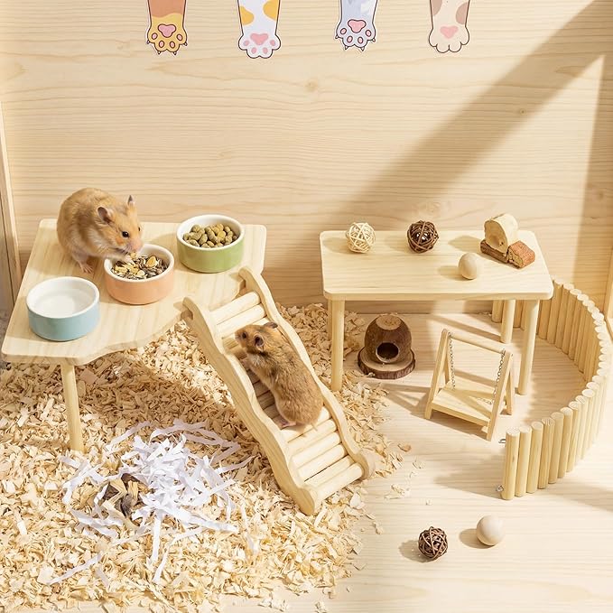 BreezeHug 4 Pcs Hamster Platform Hideout Wooden Tunnel Ladder Playhouse Hamster Game Climbing Toy with Platform Cage Accessories for Small Pets Dwarf Syrian Mice Degus Gerbils Squirrel(Climber)