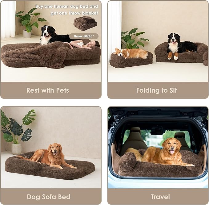 EHEYCIGA Foldable XXL Dog Bed for Large Sized Dog, 54"x38"x7.5" Faux Fur Fluffy Pet Couch Bed, Orthopedic Calming Memory Foam Big Pet Bed, Washable Pet Sofa Bed with Non-Slip Bottom, Brown
