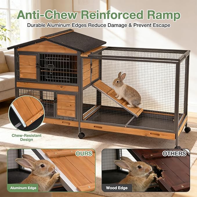Large Rabbit Hutch Indoor Outdoor, Wooden Bunny Cage with Metal Frame, Chew-Proof Ramp, 3 Leakproof Pull-Out Trays, Rolling Wheels with Locks, Multi-Door Easy Access Small Animal Cage