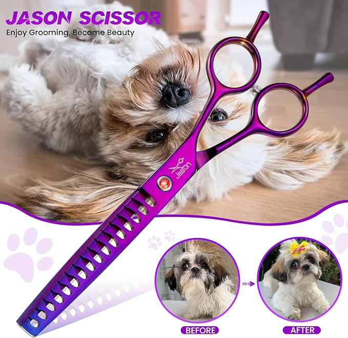 JASON 7" Dog Grooming Scissor - Professional Chunker Shear with Ergonomic Handle Japanese Stainless Steel Hair Scissor for Dogs, Cats and Other Pets, Sharp (Chunker, Purple) Christmas Gift