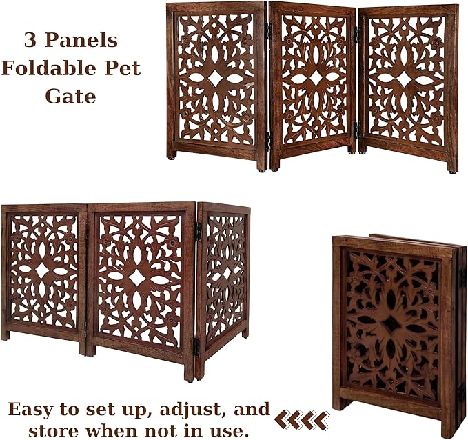 Lightnpro Wooden Pet Gate - Decorative Carved Foldable Dog Gate, Extra-Wide Freestanding Indoor Safety Fence for Dogs & Cats, Perfect for Stairs, Hallways & Home Décor - 24x18 Inch Natural Burnt