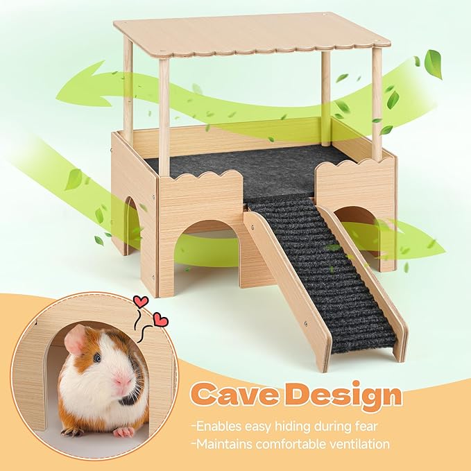 Wooden Guinea Pig Hideout Castle with Stairs,Small Animal Bed Hut Habitats Spacious 2-Level Detachable Small Pet House for Rabbits, Hamsters & Chinchillas Bunny (Updated Grey)