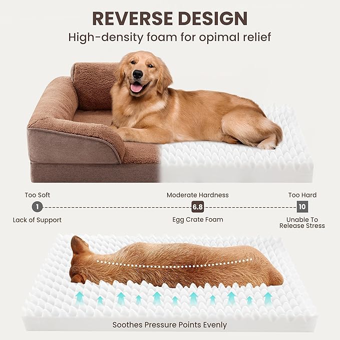 XL Orthopedic Dog Beds for Large Dogs, Waterproof Egg-Crate Foam Pet Couch Bed with Soft Sides, Non-Slip Dog Sofa with Fleece Removable Washable Cover, 42" L Supportive Pet Sofa, Brown