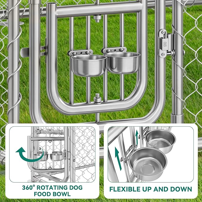 DWVO 7.5'x7.5' Dog Kennel Outdoor with Rotating Feeder Bowls, Outdoor Dog Pens with Roof, Heavy Duty Dog House for Medium Large Dogs