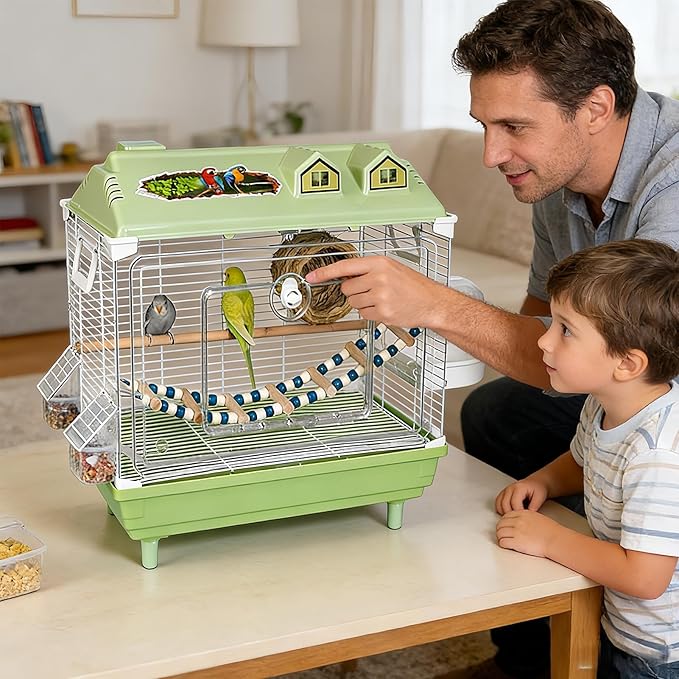 Portable Bird Cage - Clear Parakeet and Cockatiel Carrier, with Wooden Pole Bird Cage for Indoor Use, Easy Clean Design, Birds Accessory, Lovebird Finches Cockatoo Conure Macaws