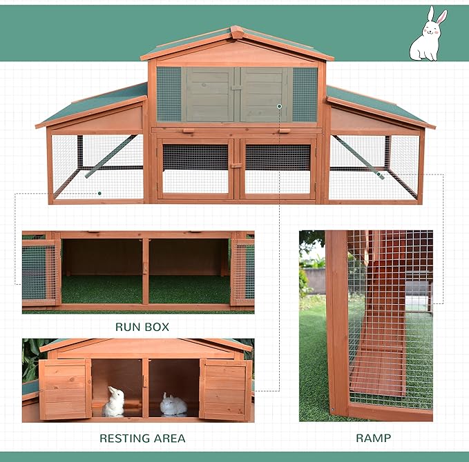PawHut 89" L Outdoor Rabbit Hutch, Guinea Pig Cage Indoor Outdoor Wooden Bunny Hutch with Double Runs, Weatherproof Roof, Removable Tray, Ramps, Orange
