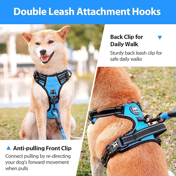 PoyPet No Pull Dog Harness, No Choke Front Lead Dog Reflective Harness, Adjustable Soft Padded Pet Vest with Easy Control Handle for Small to Large Dogs(Blue,S)