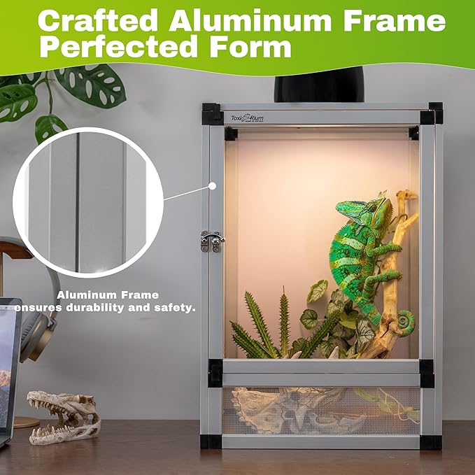 Hybrid Reptile Cage Toxirium 18"x18"x36" with Aluminum Frame, Reptile Enclosure for Gecko,Chameleon, Snake, Frog, Ventilated Tank with Screen & Acrylic Doors, Easy Assembly, Front Dual Access