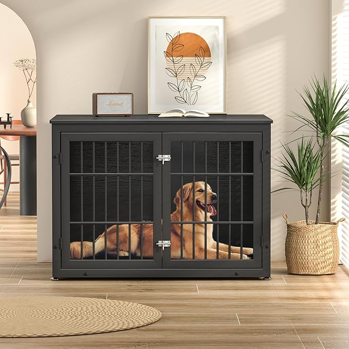 rehomerance 42" Heavy Duty Dog Crate Furniture for Large and Medium Dogs, Enclosed Design Wooden Metal Kennel, Wooden Cage Furniture Indoor, Decorative Dog Kennel End Table