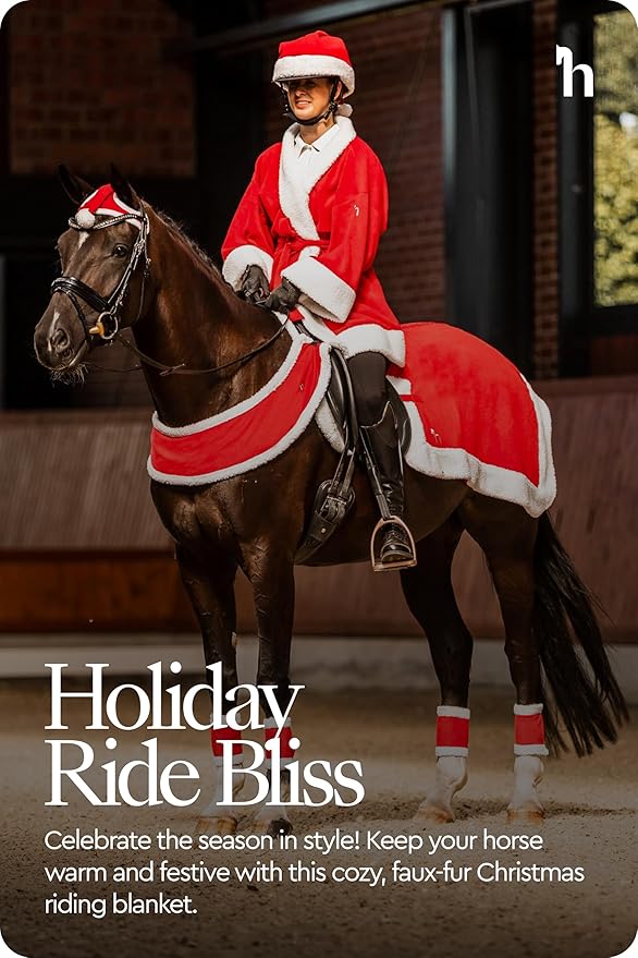 HORZE Santa Christmas Fleece Horse Quarter Sheet Riding Blanket with Faux Fur - Red - Horse