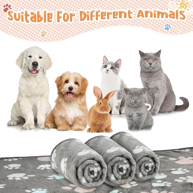 Tatuo 4 Pcs Dog Blanket for Pet Cat Blankets Indoor Puppy Teething Stuff Toys Paw Print Fleece Blanket Warm Sleep Mat for Guinea Pig Cage(Dark Gray,X-Large(41 x 30 Inch),Square)