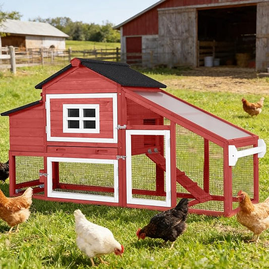 Wooden Chicken Coop with Run, Mobile Chicken House with Wheels, Outdoor Hen Poultry Cage with Leak-Proof Tray and Nesting Box, Lager Chicken Coops with UV-Resistant Roof for 2-3 Chickens (Red)