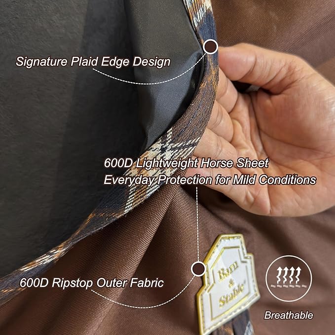 BARN & STABLE 600D Ripstop Lightweight Horse Turnout Sheet No Fill,Water-Resistant & Breathable Horse Blanket for Spring and Mild Weather, with Anti-Rub Fleece Withers