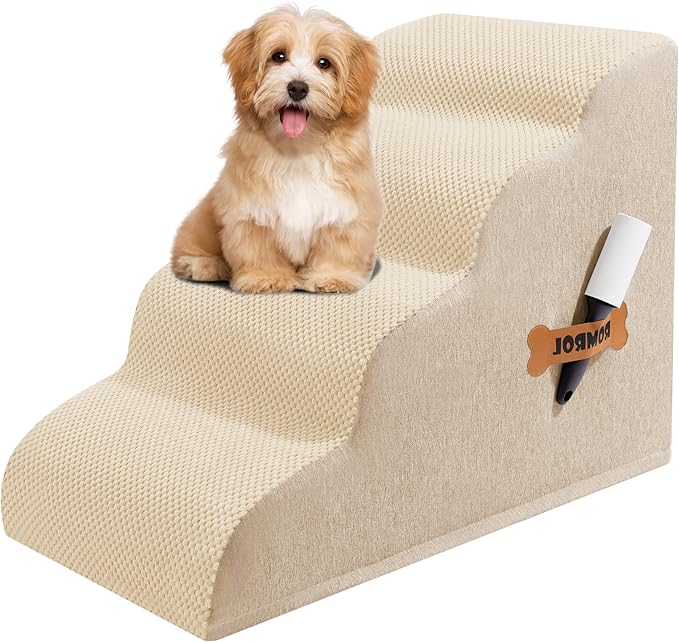 Dog Stairs, Romrol Dog Steps Ramp for High Bed and Couch, Dogs Ramp with Durable Non-Slip Waterproof Fabric Cover, Pet Stairs for Small Dogs and Cats or Pets Joints, 4-Tiers, Beige