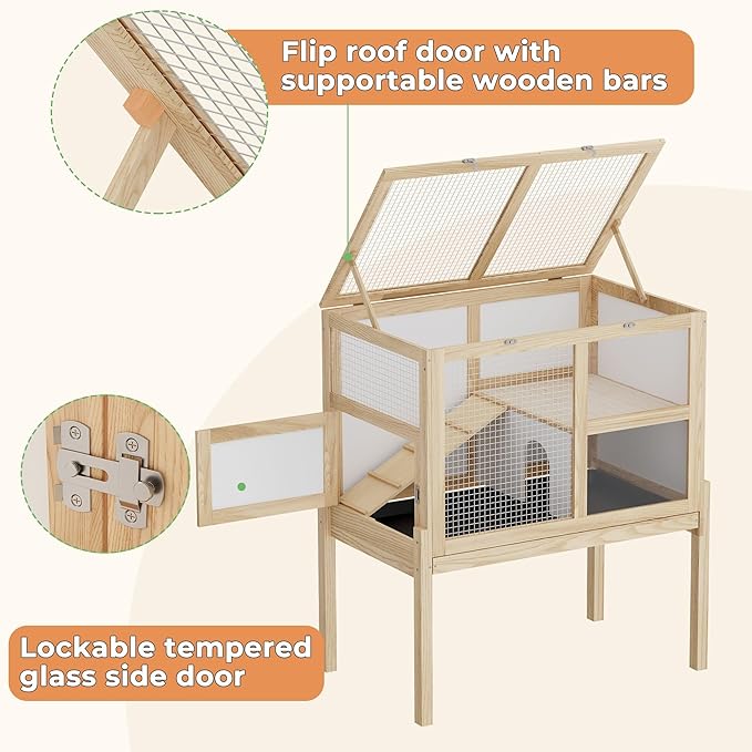 Guinea Pig Cages for 2, Rabbit Hamster Cage with Wooden Stand, 2-Story Large Indoor Small Animal House with a Pull Out Tray and Ramp, Guinea Pig Hideout Platform for Hamster,Natural