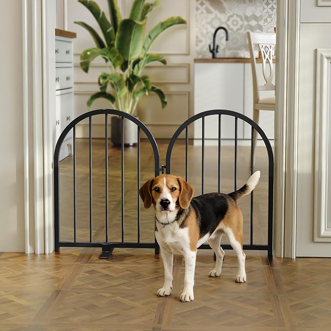 PUPETPO Full Metal Dog Gate for Indoor Outdoor, 24" Tall Free Standing Pet Dog Fence, 36" Wide Arched Pet Gates for Stairs, Hallways, Doorways, Kitchen, Decks, Yards (Black, 2 Panels)