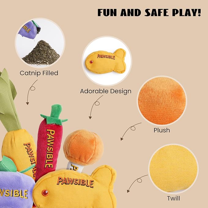Pawsible 5 Pack Catnip Toys for Indoor Cats - 100% Organic Catnip Filled, No Cotton, Durable Teething Kicker Toys for Kittens, Food-Shaped Plush Chew Toys - Image 4