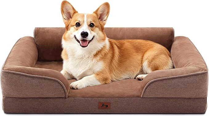 Orthopedic Dog Beds for Medium Size Dogs, Waterproof Egg-Crate Foam Pet Couch Bed with Soft Sides, Non-Slip Dog Sofa with Flannel Removable Washable Cover, 28" L Supportive Pet Sofa, Brown