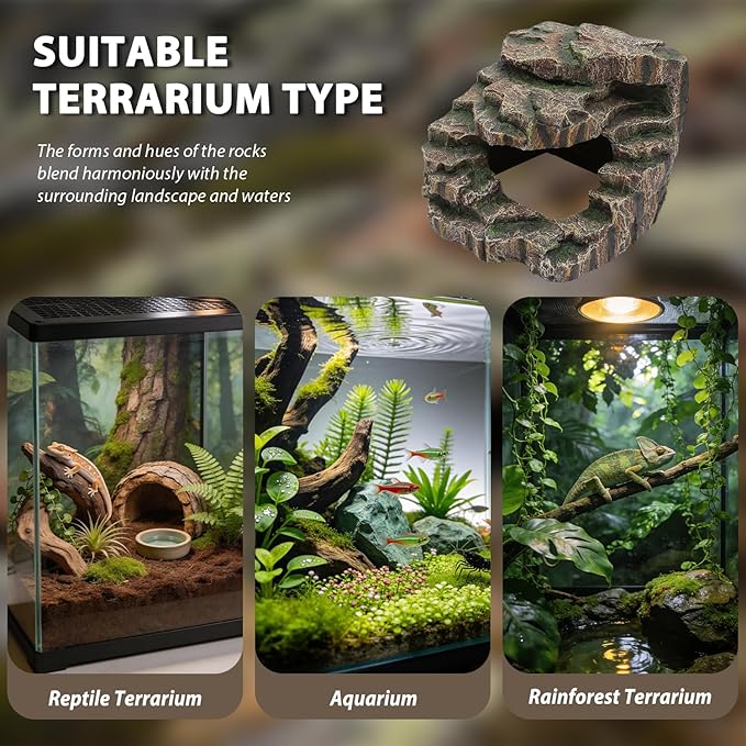 Resin Reptile Cave Hideout, Rock-Style Basking Platform, Aquarium and Terrarium Decor, Ideal for Reptiles, Amphibians and Fish