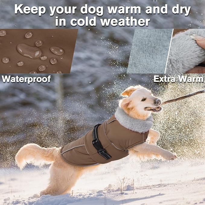 Lelepet Warm Dog Coats for Large Dogs Waterproof Dog Jacket Reflective Pet Fleece Vest Windproof Cold Weather Coats with Adjustable Buckle & Leash Hole, Brown, XXXL