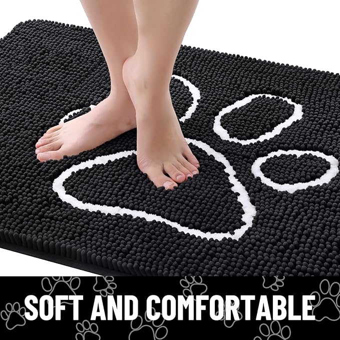 Smiry Dog Door Mat for Muddy Paws, Absorbent Dirt Trapper Non Slip Quick Dry Washable Chenille Mat for Mud Dogs, Entry Rug for Indoor and Outdoor (47x17 Inches, Black and White)