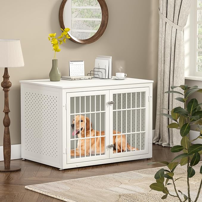 rehomerance 42" Heavy Duty Dog Crate Furniture for Large and Medium Dogs, Enclosed Design Wooden Metal Kennel, Wooden Cage Furniture Indoor, Decorative Dog Kennel End Table