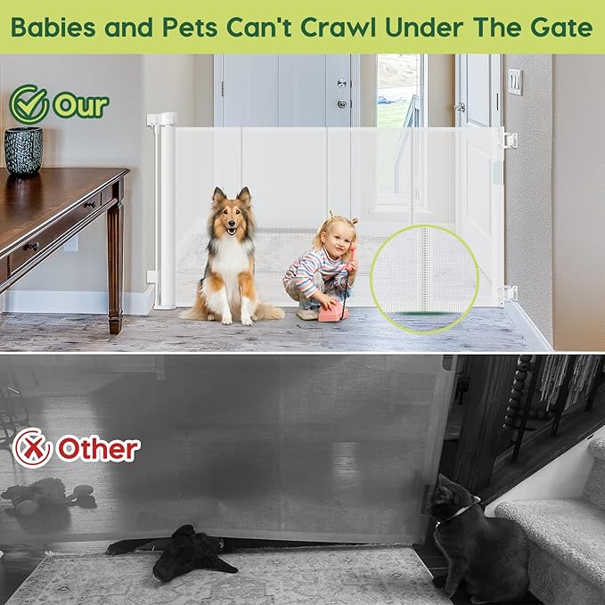 Reinforced 55" Wide Retractable Baby Gates for Doorways to Prevent Crawling Under, Outdoor Retractable Gate, Mesh Child Safety Gates for Toddlers, Indoor/Outdoor Baby Gate for Deck/Porch/Patio, White