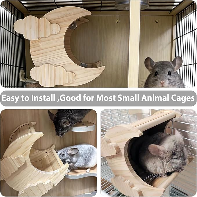 Chinchilla Hideout Wooden Hides for Guinea Pigs, Small Animal Nature Wood House Chinchilla Cage Accessories for Hamster, Squirrel, Sugar Gliders etc (Moon Shape)