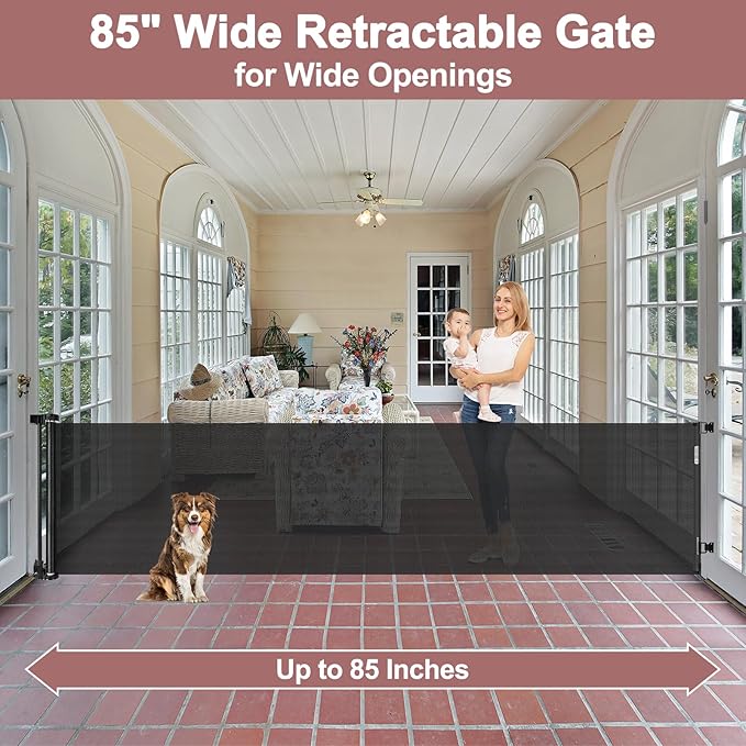 85 Inch Extra Wide Retractable Baby Gate Indoor Extra Long Baby Gate Outdoor Extra Large Dog Gate Child Gates for Wide Openings Mesh Pet Gate for Stairs Dog Gates for Doorways, Porches, Black