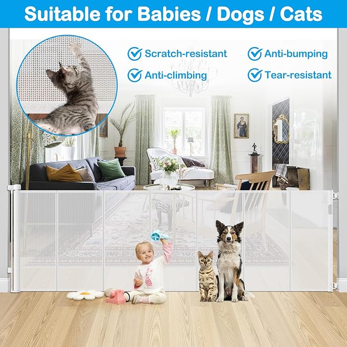 Reinforced 42” Extra Tall X 159” Extra Wide Retractable Gate Indoor Prevent Kids and Pets from Getting Through Tall Retractable Baby Gates for Doorways Pet Gates for Wide Openings Mesh Baby Gate White