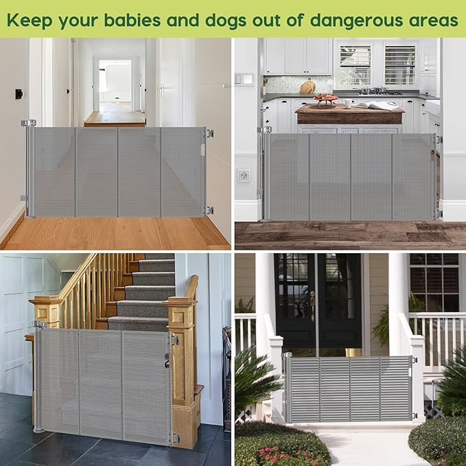 Reinforced 55" Wide Retractable Dog Gate with Support Rods, 33" Tall Retractable Baby Gate for Dogs, No Sag and Wrinkle Mesh Child Gates for Doorways, Indoor Pet Barrier Stair Gates for Kids, Gray