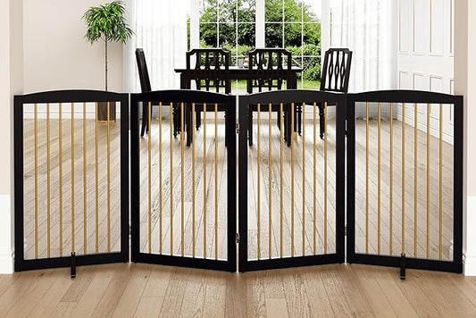 PUPETPO Freestanding Pet Gate for Dogs, Indoor Wooden Dog Gate for House, Foldable Dog Gate for Doorway, Stair, Step Over Pet Puppy Safety Fence Tall, 80 Inch Wide, 4 Panels 32", Black & Gold