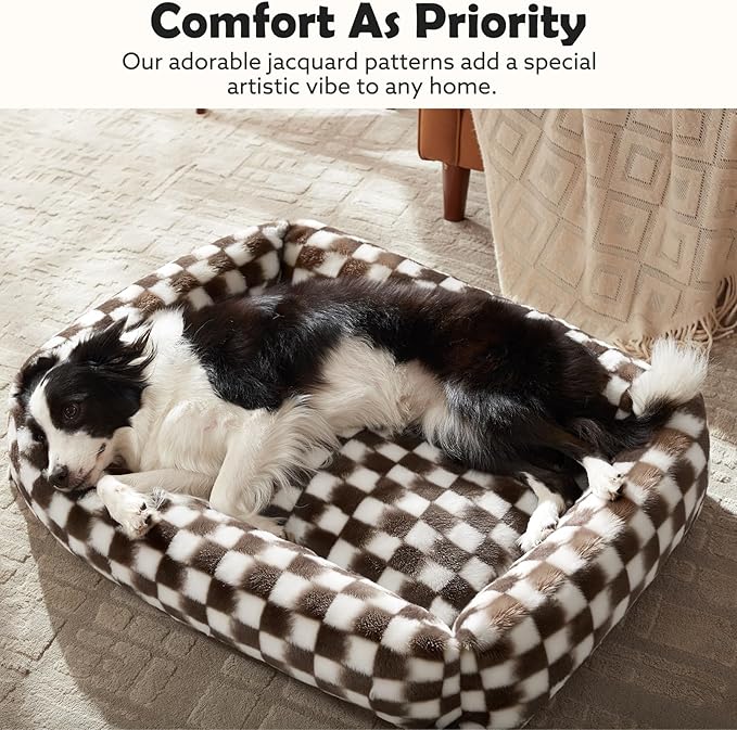 JOEJOY Dog Bed for Small Medium Dogs, Removable Washable Cover Orthopedic Soft Faux Rabbit Fur Pet Bed, Anti-Slip Fluffy Plush Puppy Bed, 25"x21"x7", Checkered, Brown
