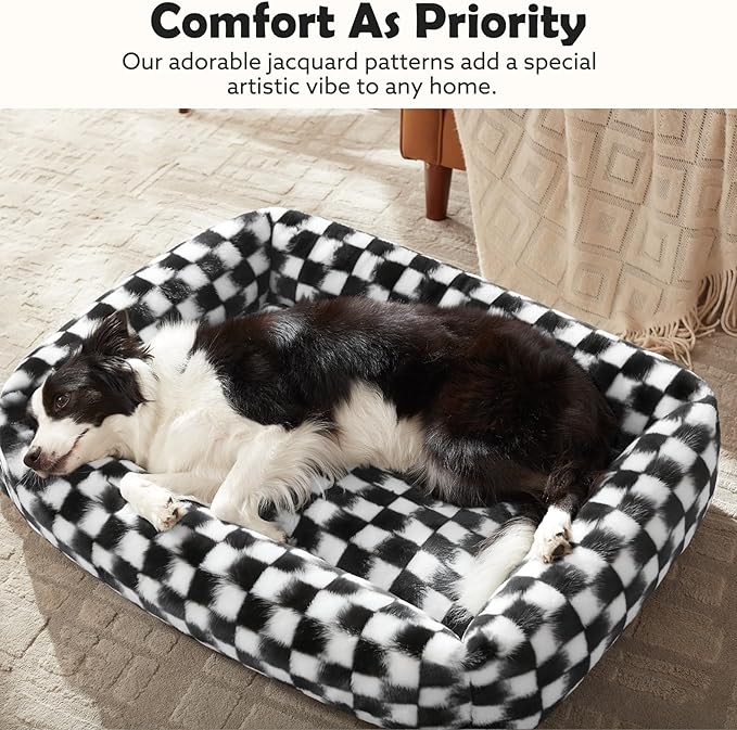 JOEJOY Dog Bed Medium Size Dog, Removable Washable Cover Orthopedic Soft Pet Bed, Anti-Slip Fluffy Plush Faux Rabbit Fur Puppy Bed, 30"x24"x8", Checkered, Black