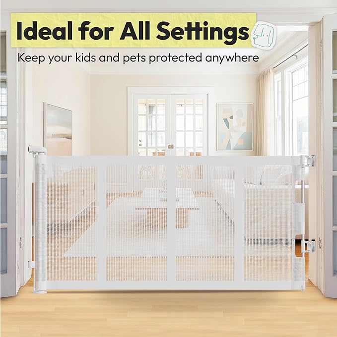 34" H Tall Mesh Dog Gate Extends Up to 200" W Retractable Pet Gate with Drill Installation, Preventing Crawling Through for Stairs, Doorways, Indoor & Outdoor (White)