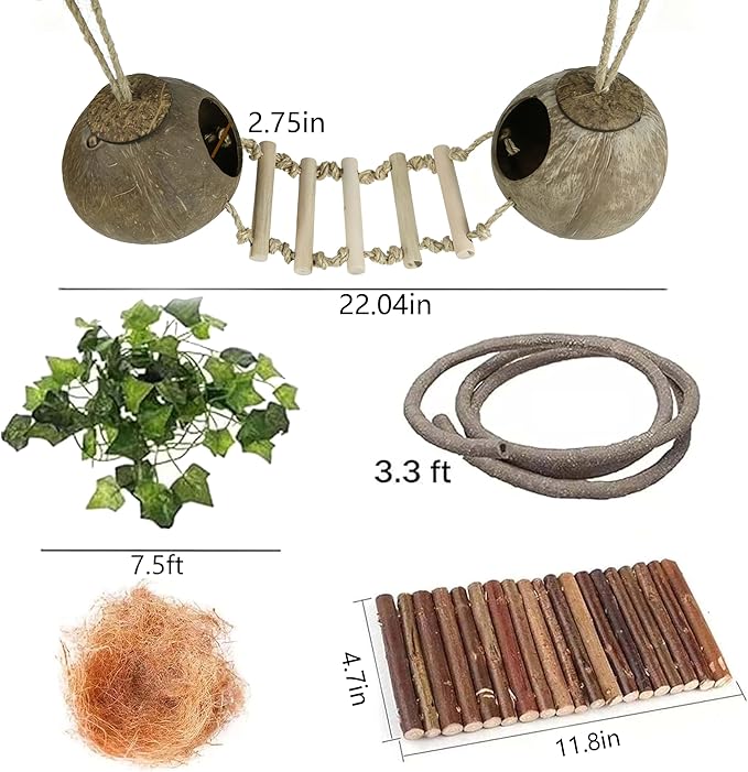 10PCS Crested Gecko Tank Accessories Set – Natural Double Coconut Shell with Ladder, Plants and Bridge Vines for Reptile Terrarium, Leopard Gecko, Lizard, Hermit Crab or Snake Habitat Decor