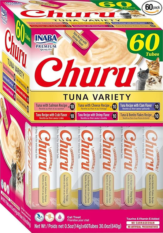 INABA Churu Cat Treats, Lickable, Squeezable Creamy Purée Cat Treat with Green Tea Extract & Taurine, 0.5 Ounces Each Tube, 60 Tubes, Tuna Variety Box by INABA