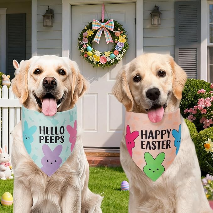 Easter Dog Bandanas Large 2PCS, 4 Pattern Colorful Scarf for Boy and Girl, Triangle Reversible Bibs Breed for Puppy Cats Pets