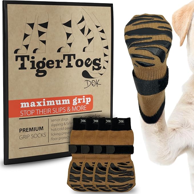 DOK TigerToes Premium Non-Slip Dog Socks for Hardwood Floors - Extra-Thick Grip that Works Even When Twisted - Prevents Licking, Slipping, and Great for Dog Paw Protection (XXL, Cool Caramel)