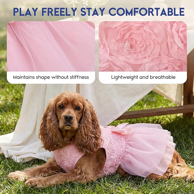 ASENKU Dog Dress Pet Wedding Dress Princess Lace Puppy Birthday Party Outfit Formal Apparel Girl for Small Medium Dogs Cats (Large, Pink)