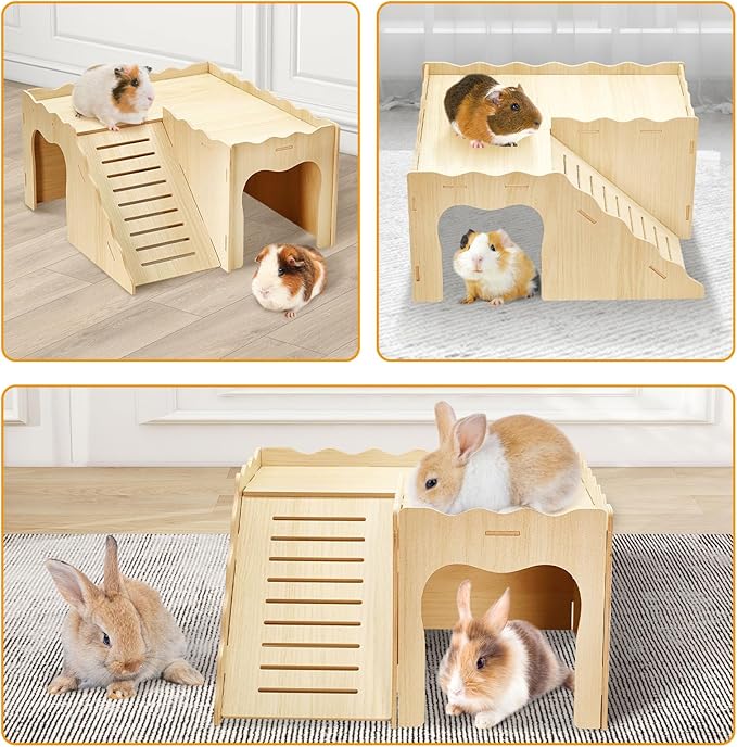 BNOSDM Upgraded Wooden Guinea Pig Hideout with Stair & Loft 2 Tier Detachable Cavy Castle 2 Door Small Animal House Habitat Dwarf Rabbit Climbing Toy Accessories for Cage
