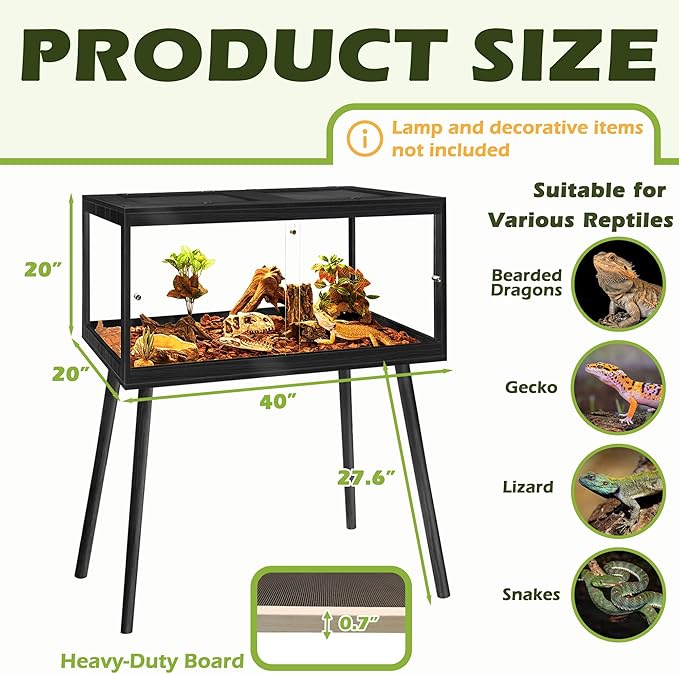 Prolee Bearded Dragon Tank with Leg Stand,Wooden Lizard Tank,Reptile Tank with Metal Mesh Roof Door, Acrylic Panel Snake Tank with Lock Design (Black, 40"x20"x20")