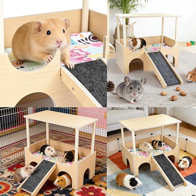 Upgraded Guinea Pig Castle, Sturdy Wooden Guinea Pig Hideout, Cozy Habitat Hut with Ladder for Playing & Hiding, Easy-to-Assemble House Bed for Hamsters, Rabbits and Chinchillas