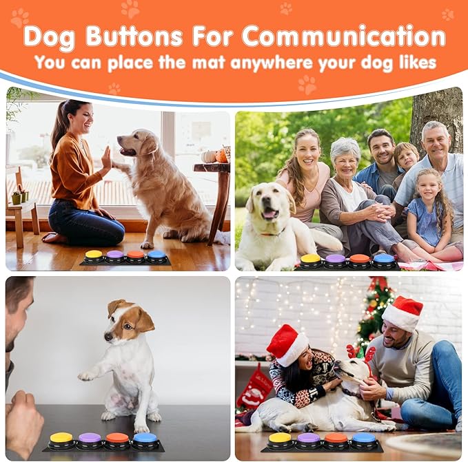 Dog Buttons for Communication,Talking Buttons for Dogs,4 Recordable Sound Buttons + 24 Scene Patterns + 1 Dog Button Mat+ 8 AAA Batteries